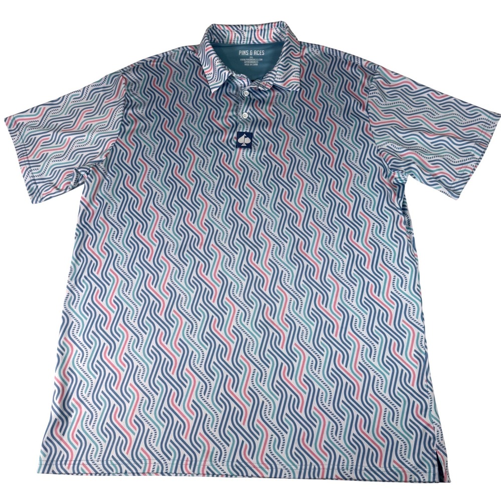 Pins & Aces Golf Polo Mens XXL Blue Pink Wavy Print Performance Shirt‎ Golfcore